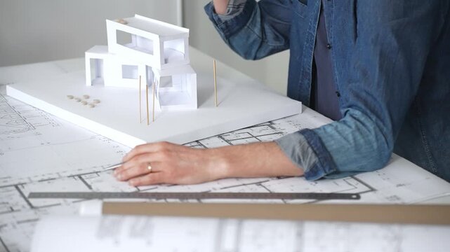 Architect sketching building plans on paper using a ruler and pen while working digitally on a laptop with a blueprint software displaying a floor plan