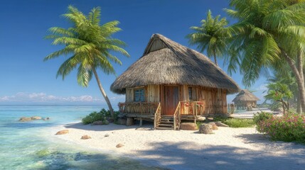 Tropical beachfront dwelling features thatched roof surrounded by lush palm trees under bright sunlight