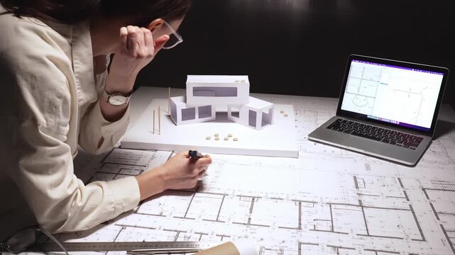 Architect carefully drafting blueprint plans on a desk with a building model and laptop, designing civil engineering projects and urban development