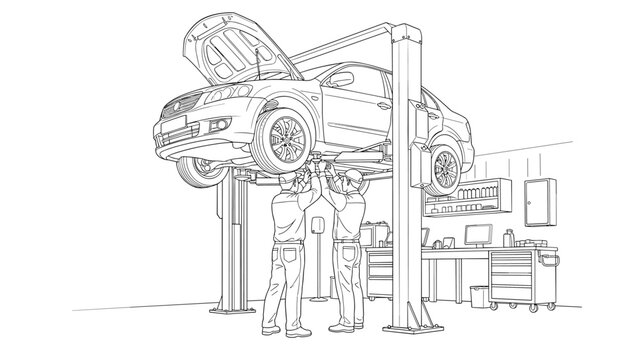 Car maintenance in a repair shop with mechanics working on a hydraulic lift