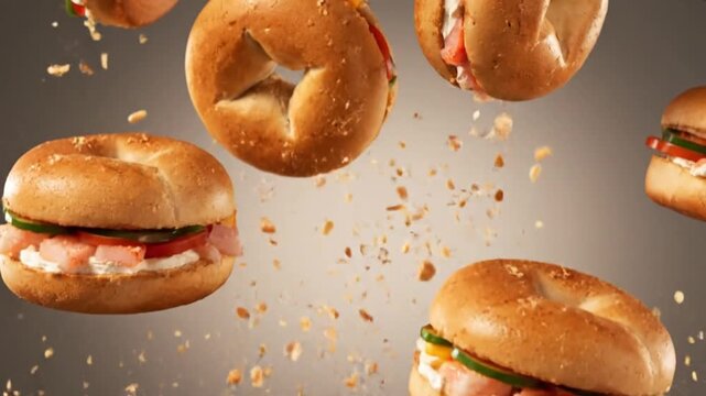Bagel sandwiches floating with fresh ingredients on warm gray background