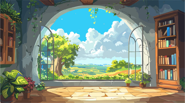 a bright, cozy wizard's study or library interior. A large open arched window frames a breathtaking view of lush green rolling hills, a large tree, and massive white cumulus clouds under a blue sky