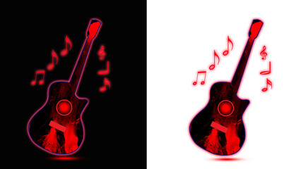 Glowing Colourful Guitar and musical  instrument   on transparent png background. Red colour design  for banner, poster, decoration, invitation jazz festival, music shop.