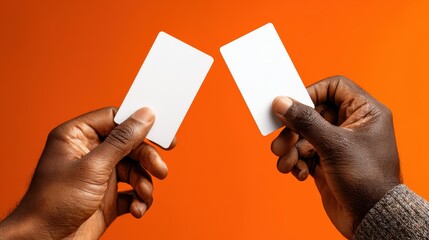Two dark-skinned hands present blank white rectangular cards against a vibrant orange backdrop