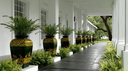 Series of decorative planters holding ferns lines a covered outdoor walkway beside a white building facade