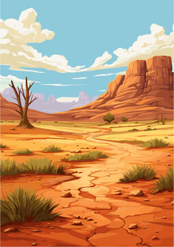 a scenic desert landscape. A winding cracked earth path leads towards massive red rock mesas and canyons in the distance. In the foreground, a dead leafless tree stands on the left surrounded
