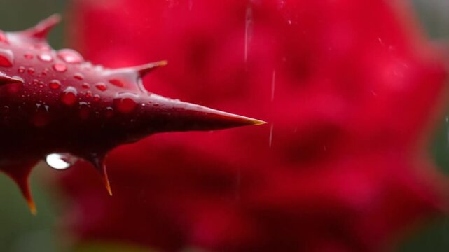 Close-up of a rose thorn with a single raindrop hanging from its tip, reflecting the blurred red petals in the background, creating a serene and delicate natural scene.