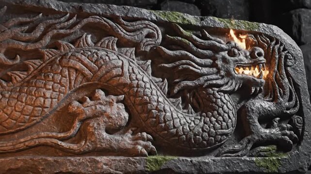 Ancient norse dragon stone carving illuminated by flickering flames