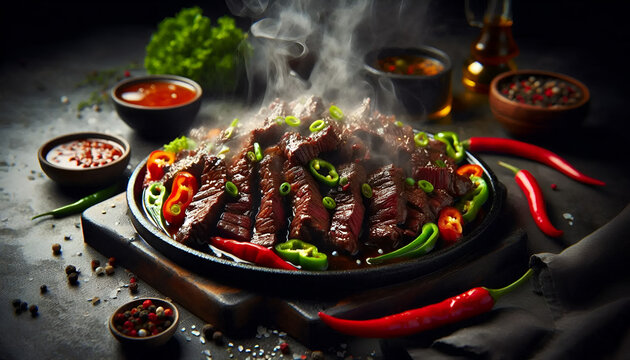 Cinematic sizzling beef steak with rich glaze and herbs, hot smoky presentation, premium grilled meat for restaurant, branding, and food advertising.