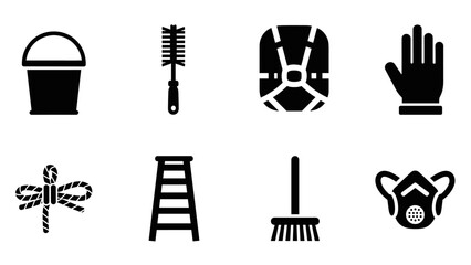 Fototapeta premium Silhouette icon set: cleaning tools and protective equipment