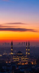 Sunset over illuminated mosque towers city.