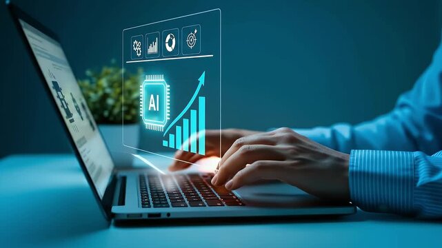Businessman using artificial intelligence to boost productivity and performance, with upward arrow graph and digital data interface, symbolizing AI-driven growth, innovation, and future success.

