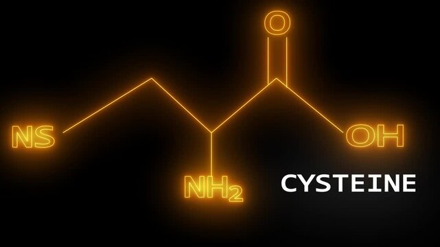 Cysteine amino acid molecular structure with yellow and white neon glow animation on black background.4k video