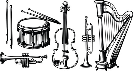 Musical instruments set. Vector vintage hand drawn sketch illustration of drum, violin, trumpet and harp