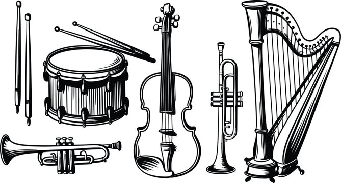 Musical instruments set. Vector vintage hand drawn sketch illustration of drum, violin, trumpet and harp