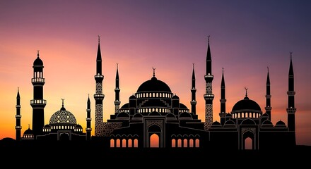 Naklejka premium Silhouette of a mosque at sunset.