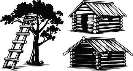 Rustic Log Cabin and Tree with Wooden Ladder Vector Illustration © Ahamedpicu