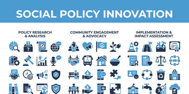 Social Policy Innovation Solid Icons Vector Set &ndash; Community Welfare Health Education Research Housing Governance Reform Action Support Filled Icon Pack UI Web App