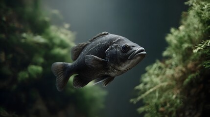 Fototapeta premium Solitary dark fish swims serenely through lush aquatic plants in dark moody water