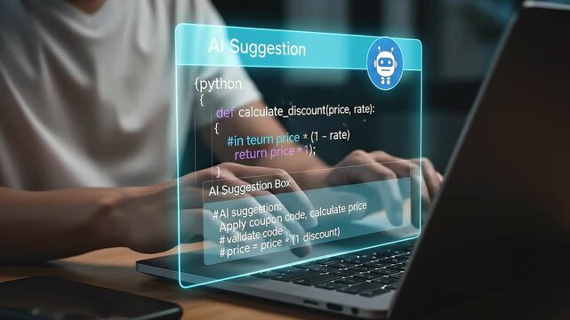 AI-powered code suggestion on laptop screen, intelligent assistant recommending programming functions and code snippets in real time, futuristic developer tool for software development productivity
