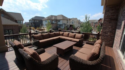 Expansive outdoor deck furnished with large wicker seating arrangement overlooks suburban neighborhood