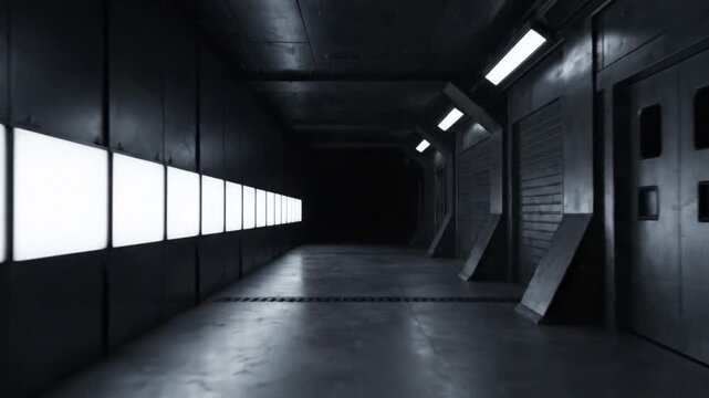 Dark industrial corridor with fluorescent lights on the ceiling and windows on the left, leading to a dimly lit background.