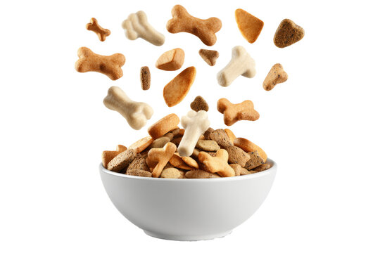 Dog food kibble and treats falling into bowl