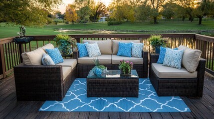 Comfortable outdoor furniture arrangement sits upon a wooden deck overlooking a grassy area and water