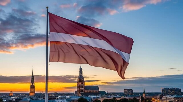 The flag of Latvia waving proudly over a stunning sunset cityscape of Riga, featuring the iconic Doma Cathedral, representing national heritage and travel.