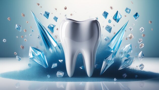 a white tooth stands tall surrounded by blue particles and crystal like shapes against a light background
