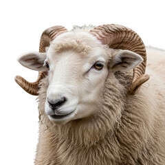 A white sheep with large curved horns facing forward on transparent background