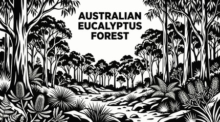 Australian eucalyptus forests black and white vector illustration with native vegetation and bushland ecosystem plants © Ethan