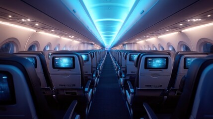Obraz premium Empty passenger airplane cabin with blue lights. Modern aircraft interior with rows of seats and entertainment screens for travel.
