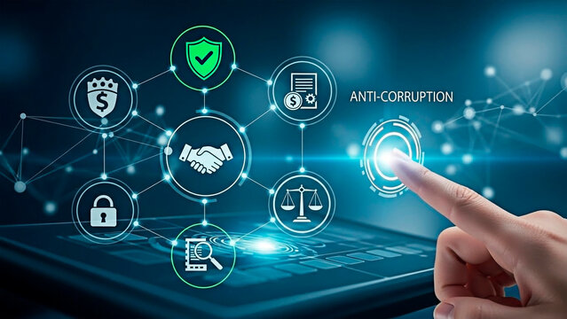 An anti-corruption concept with connected icons for good governance.