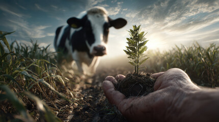 Sustainable farming concept hand soil plant cow agriculture sustainability environment rural field eco sunrise hopeful scene