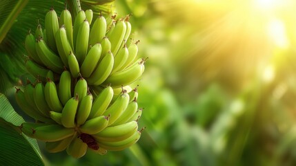 Green bunch of banana fruit on tree with sunlight. Agriculture background, fresh healthy food concept, farm harvest image.