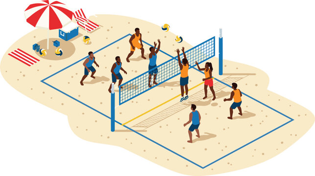 Beach volleyball game illustration, isometric summer sport scene, players competing on sandy court, outdoor recreation concept