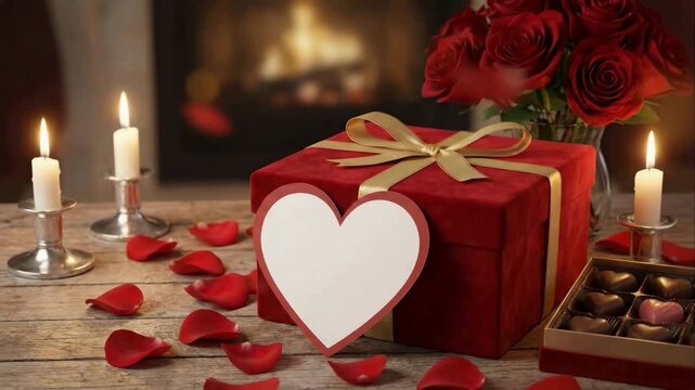 Romantic candlelit scene featuring a red velvet gift box with a blank heart card, a box of chocolates, red roses, and falling petals in front of a cozy fireplace, perfect for a love message