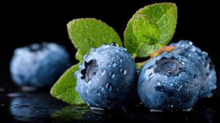 Ripe blueberry fruit with water drops and green leaves. Fresh berry close with reflection, healthy eating concept.