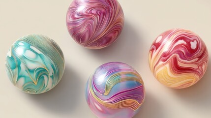 Four spheres with colorful marbled patterns and golden swirls. Abstract artistic rendering for background and decor. Decorative design element.