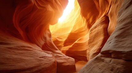 Obraz premium Sunbeam shining down into an orange slot canyon, illuminating natural sandstone formations. Nature geology exploration background.
