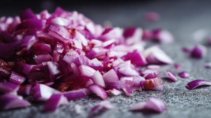 Obraz premium Pile of freshly chopped red onion on a dark kitchen surface for cooking preparation. Ingredient for healthy culinary dish.