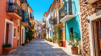 Fototapeta premium Cobblestone street lined with colorful houses and potted plants. Picturesque european town for travel and tourism concept. Traditional spanish style.