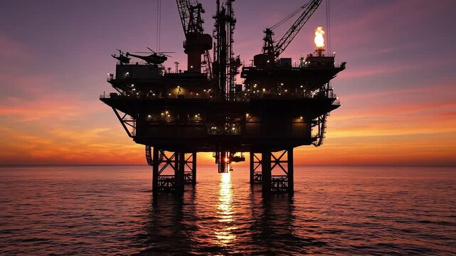 Silhouette of an offshore oil rig platform at sunset with orange sky and calm ocean water during energy production in the open sea