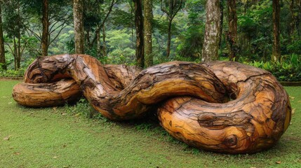 Massive wooden sculpture resembling a continuous linked chain rests on green grass in a dense forest setting