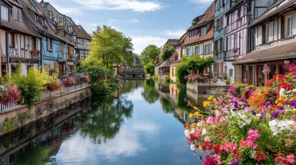 Obraz premium Colorful traditional houses line a tranquil canal in a historic European town. Idyllic travel destination and picturesque architecture for tourism.