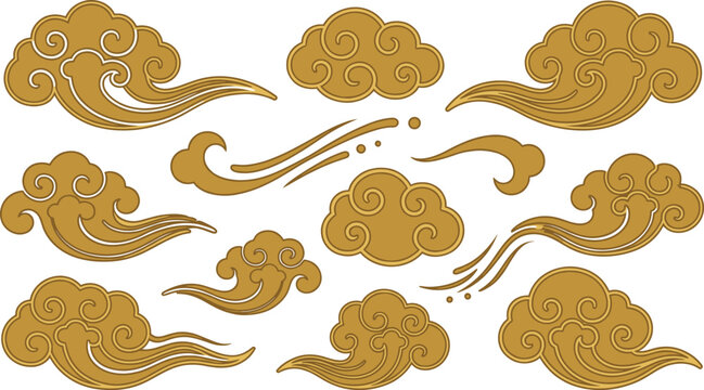 Golden cloud ornament set, traditional asian wind clouds, decorative swirl patterns, oriental style vector illustration