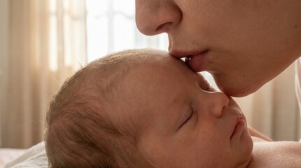 Parent kissing newborn baby on the forehead