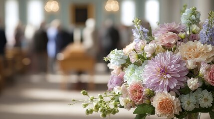 Colorful floral arrangement and casket viewed from a distance in church. Concept of funeral service, condolence, and memorial ceremony.