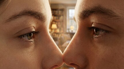 Two faces almost touching, close-up of eyes and noses in warm indoor light
